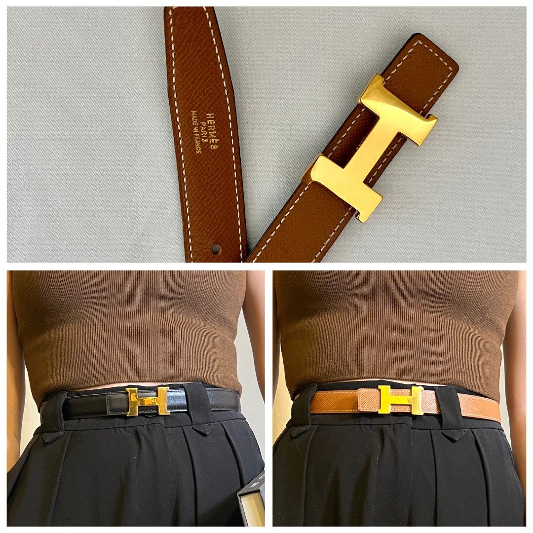 Hermes H reversible belt 24mm金扣黑色啡色双面皮腰带 日出中古 - 皮带/腰带 - 真皮 黑色