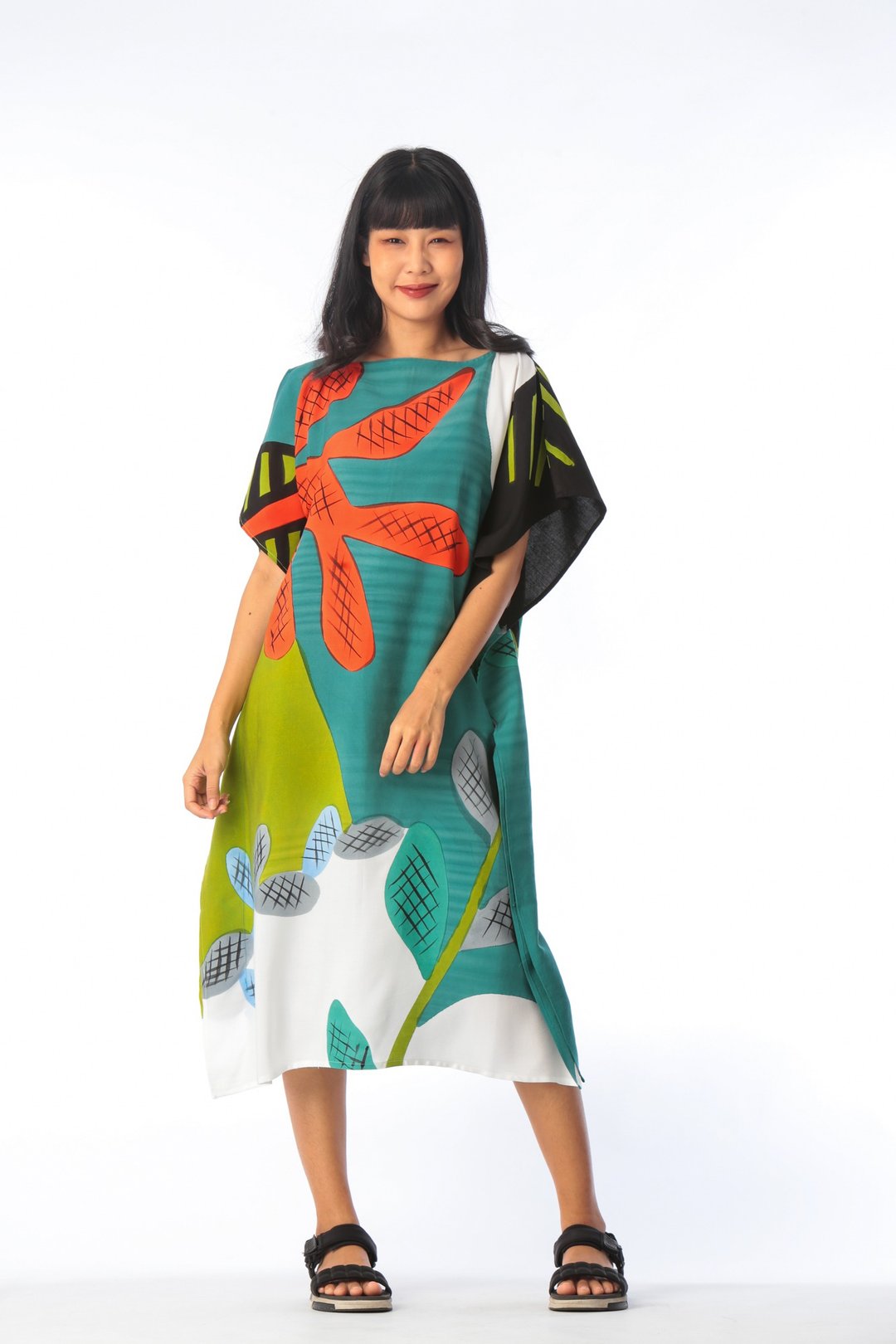Hand Painted Cotton Rayon Kaftan for Summer Resort Vacation - 洋装/连衣裙 - 棉 绿色