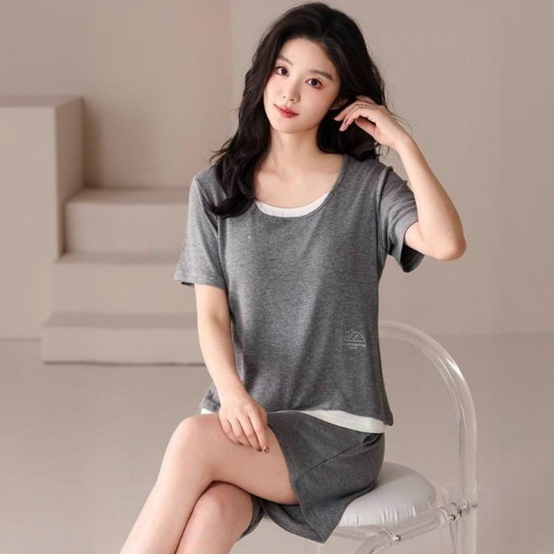 Pink Lady 罩杯式 成套女睡衣 云灰小猫 落肩短袖 两件式 居家服 - 居家服/睡衣 - 其他人造纤维 灰色