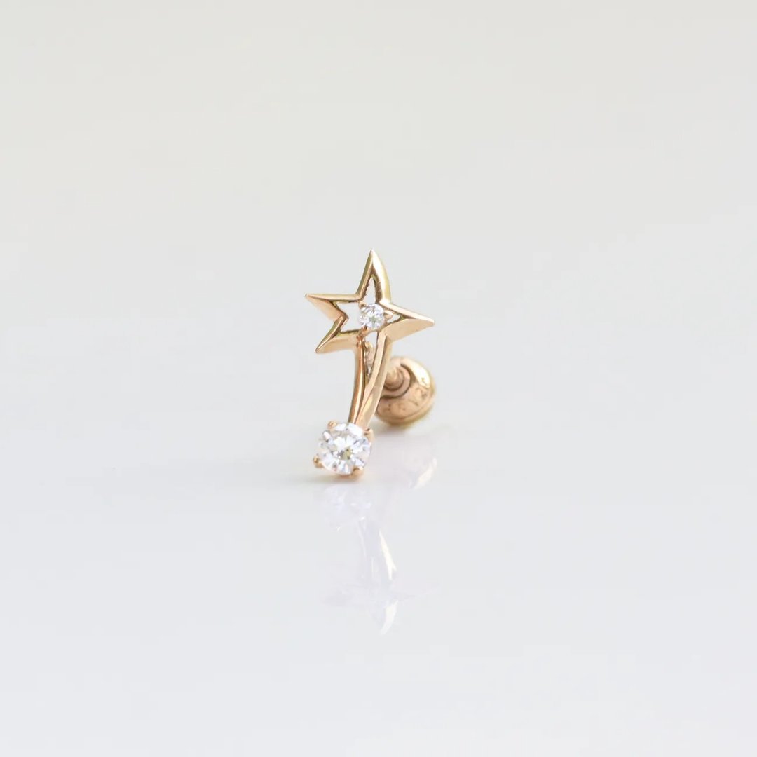 14K 星星弧形钻锁珠耳环 (单个) (方向适合左耳耳骨) - 耳环/耳夹 - 贵金属 金色
