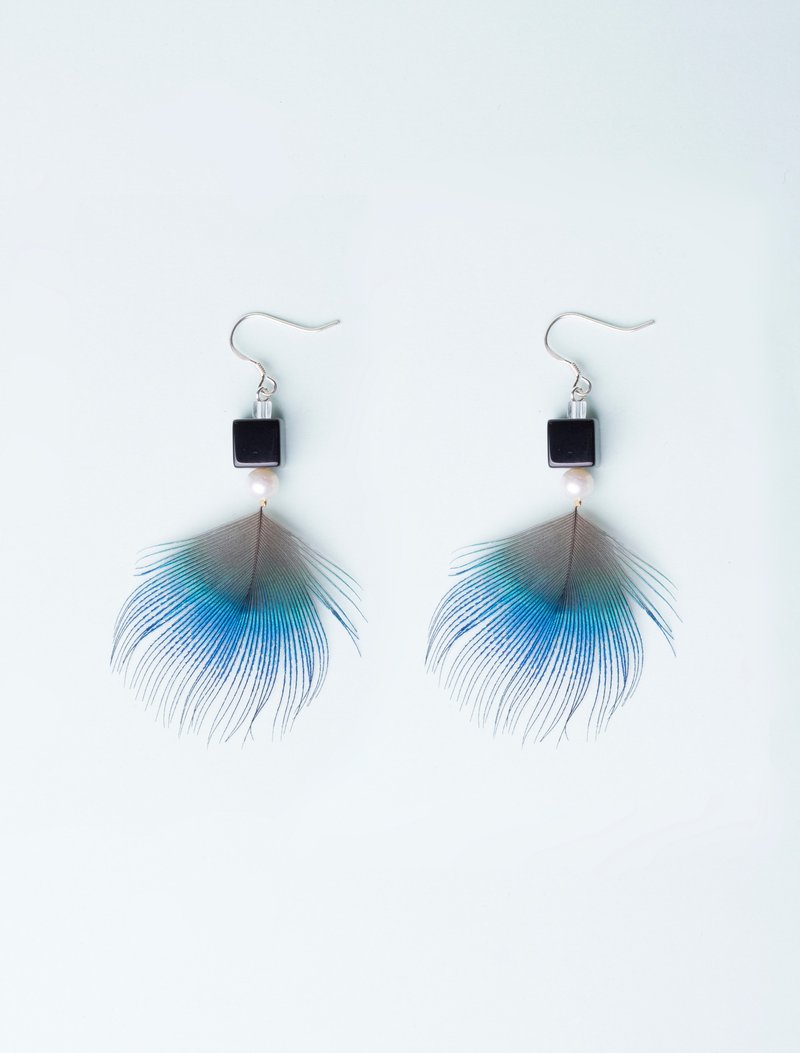 蓝色羽毛玛瑙珍珠长款耳环耳夹 气质耳环简约手作小众配饰芸所原创 - 耳环/耳夹 - 其他材质 蓝色