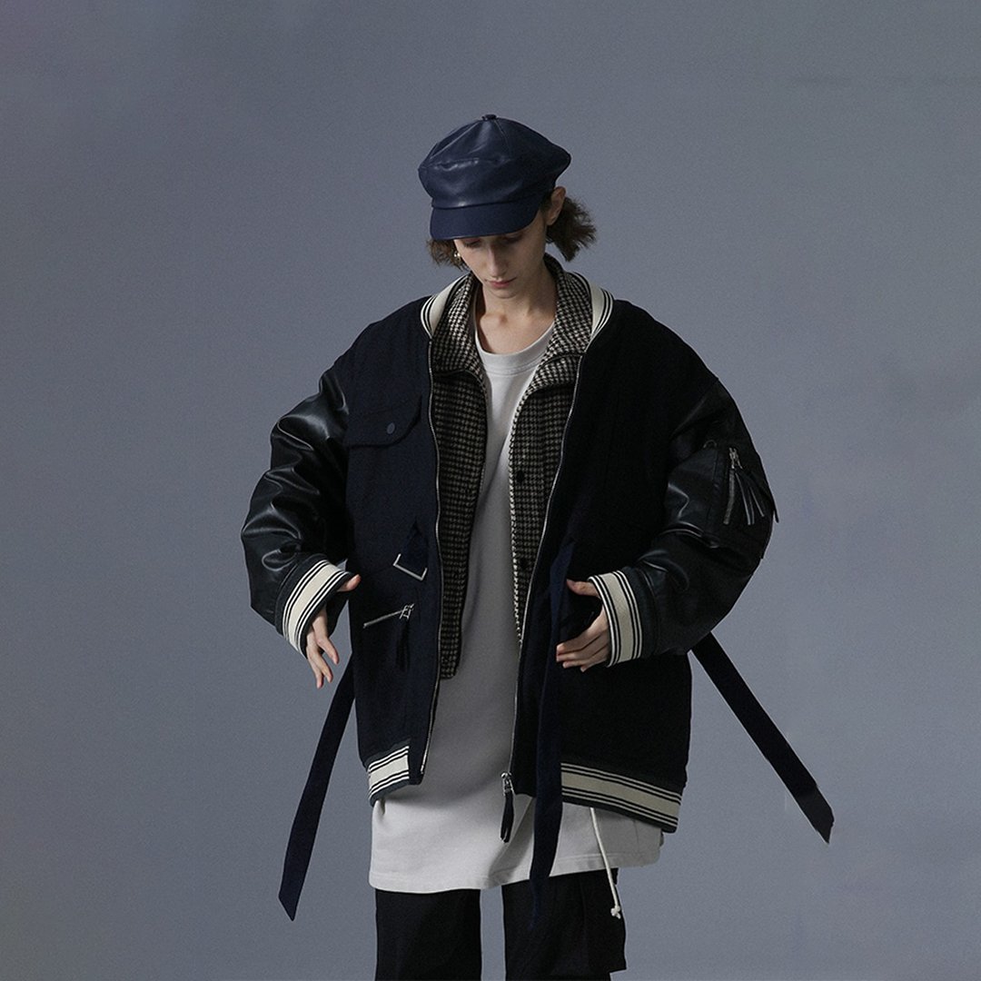 Unvesno拼接冬季新款潮流牌保暖腰带宽松棒球服夹克外套CT-2064 - 男装外套 - 棉．麻 蓝色