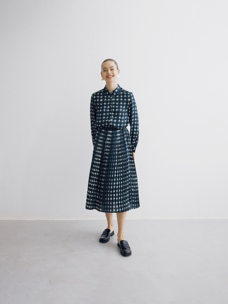 慢茶 mchastudios 墨绿色格子印花压褶半身裙 #779 - 裙子 - 其他材质 绿色