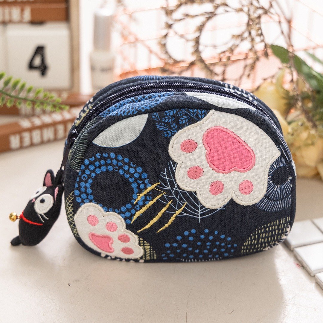 【Kiro猫】小黑猫 花布 双层 零钱/钞票/卡片/小物收纳【820283】 - 皮夹/钱包 - 棉．麻 蓝色