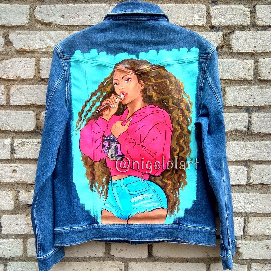 Beyonce Renaissance 手绘丹宁外套 定制外套 照片肖像 - 女装休闲/机能外套 - 棉 蓝色