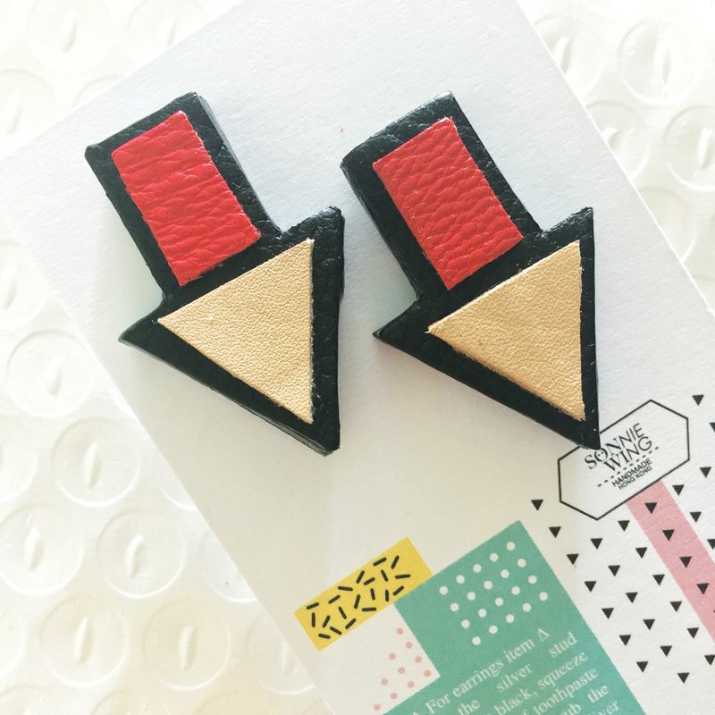 节日礼物 方向标示配色皮革耳环 纯银耳针 - 耳环/耳夹 - 真皮 黑色