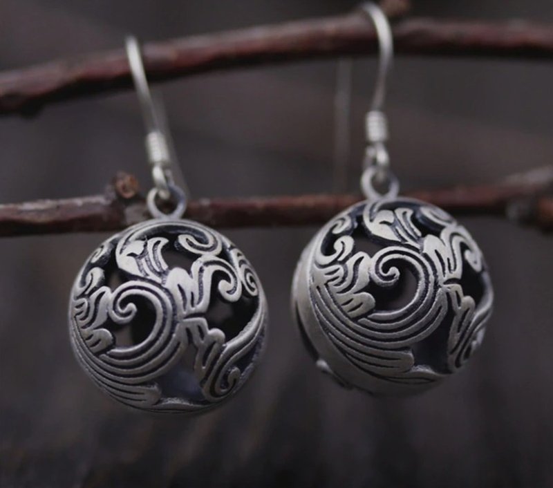 Real S925 Thai Sterling Silver Women Hollow Balls Drop Earrings Vintage Black - 耳环/耳夹 - 纯银 银色