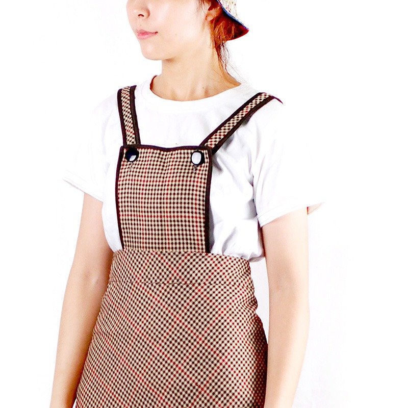 小牛村 Calf Village 古着 vintage 日本复古 连身裙 格纹吊带裙  {不想长大} - 背带裤/连体裤 - 棉．麻 咖啡色