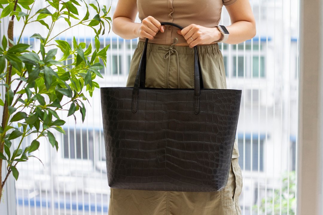 鳄鱼皮tote bag法国用料香港手工 - 手提包/手提袋 - 其他材质 黑色