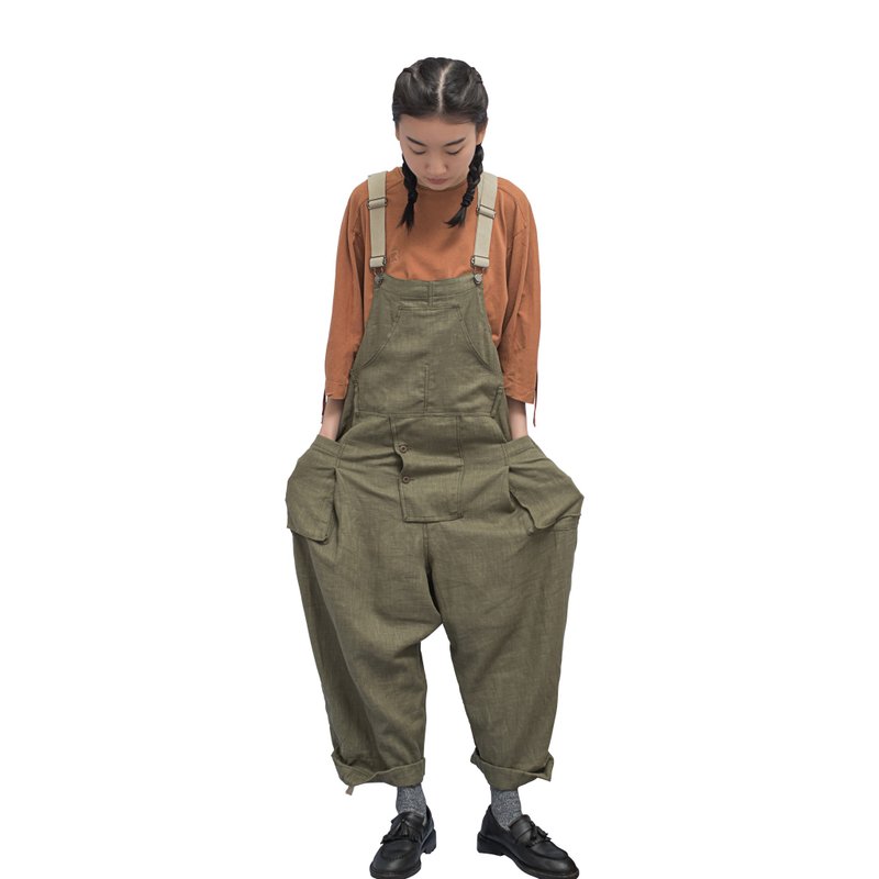rin OVAL overall 吊带裤 背带裤 橄榄绿-棉麻透气-连身工作服 - 背带裤/连体裤 - 棉．麻 绿色