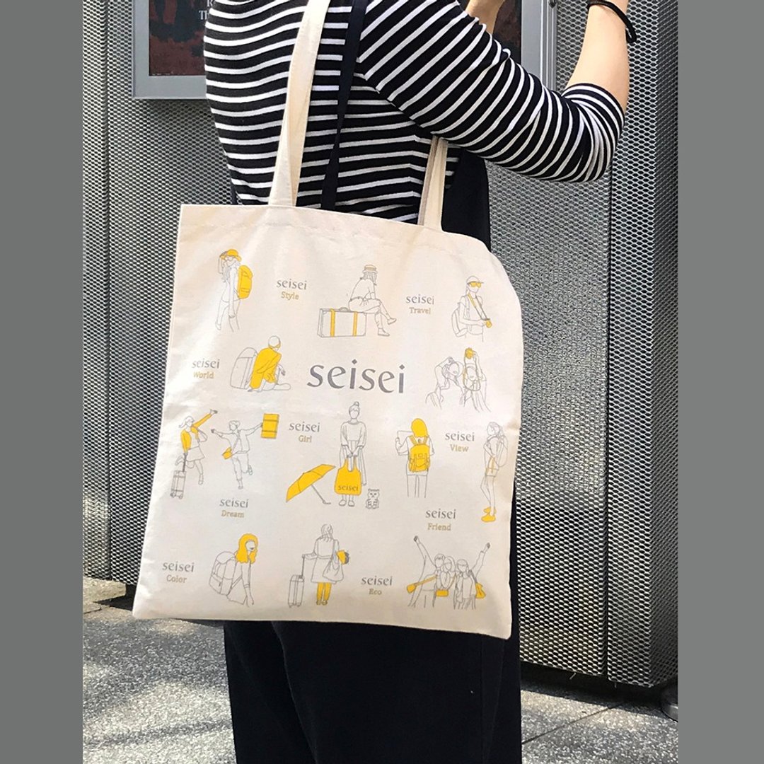 seisei 帆布肩背手提两用托特包 原创手绘爱旅行插画包 - 侧背包/斜挎包 - 棉 