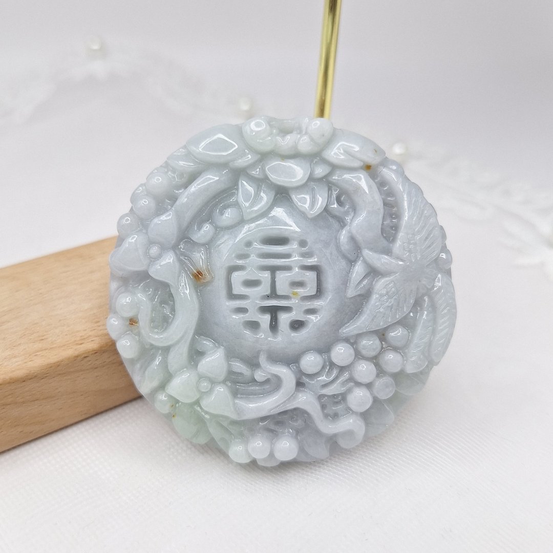 浓紫罗兰花开富贵喜字吊坠 | 天然缅甸玉A货翡翠 - 项链 - 玉石 