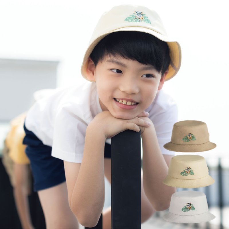 浅黄色儿童调节渔夫帽-吸湿排汗 柔软 动物刺绣 石虎 环保 - 帽子 - 环保材料 