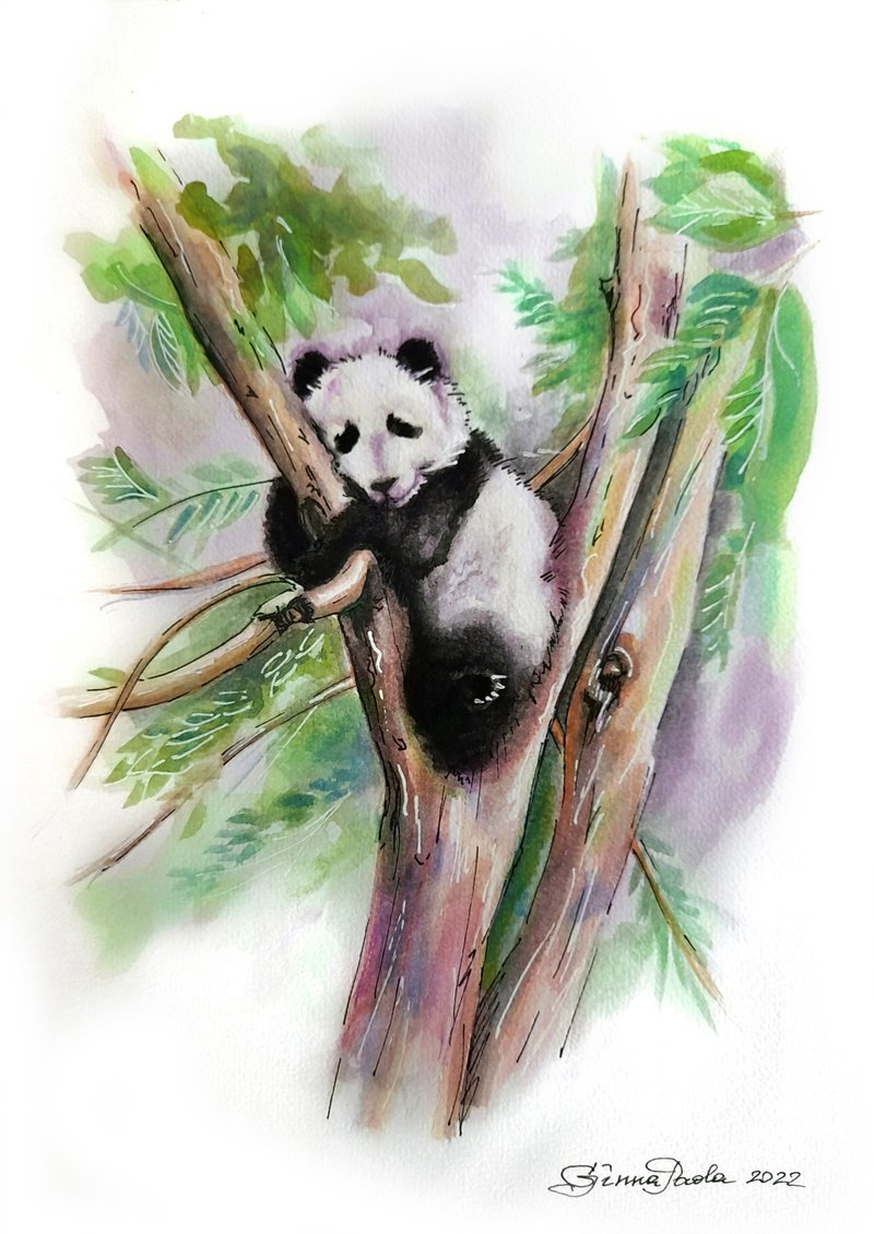 熊猫画水彩动物艺术品墙壁艺术原创中国迷你熊 - 墙贴/壁贴 - 纸 多色