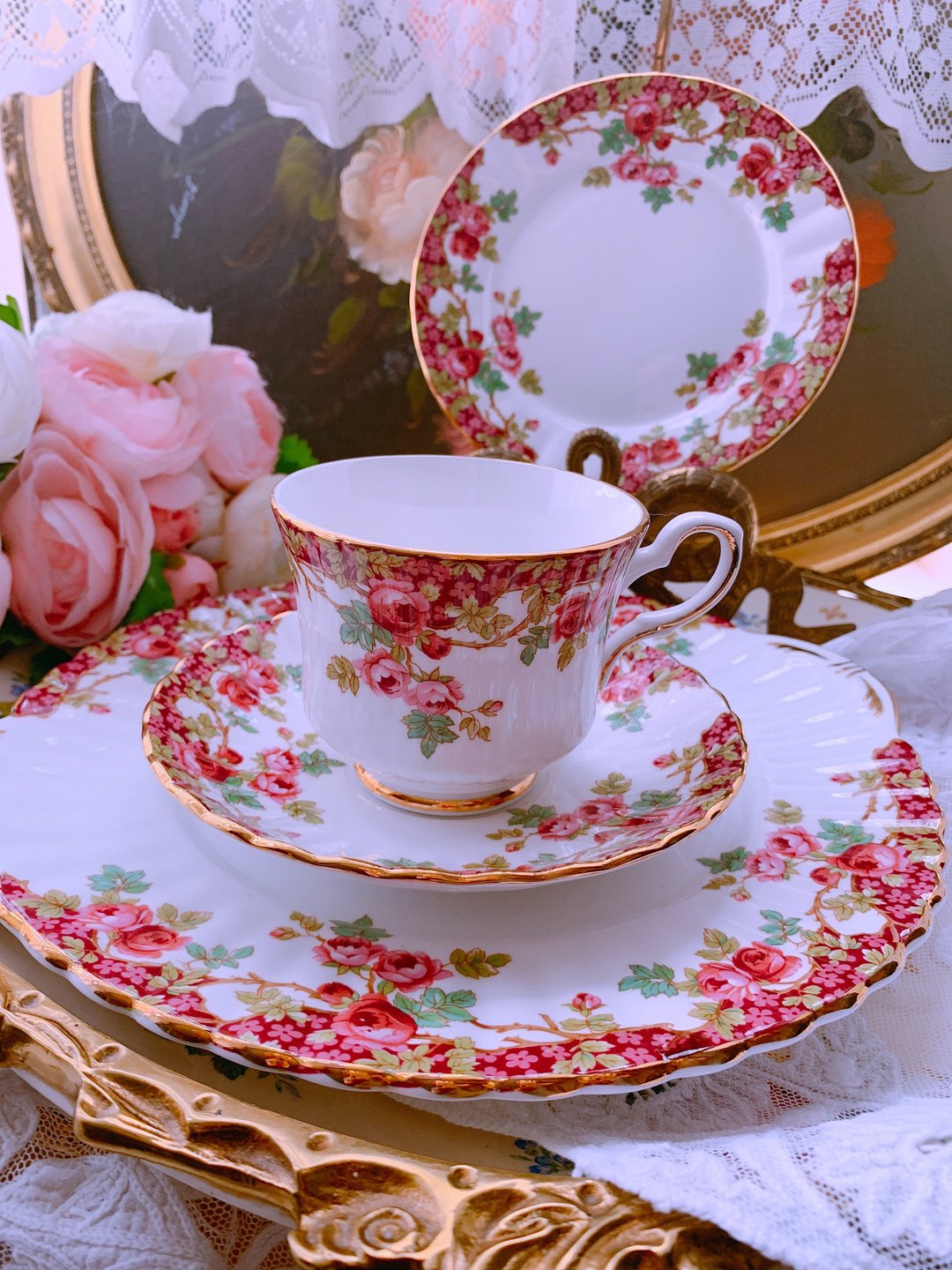 英国骨瓷红玫瑰 花茶杯,咖啡杯三件组 生日礼物 下午茶 库存新品 - 茶具/茶杯 - 瓷 红色