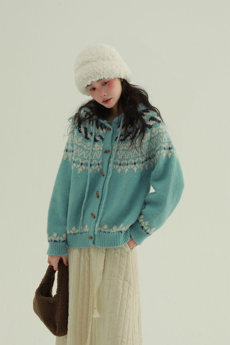 2顏色 氛圍密碼 連帽費爾島毛衣 秋冬溫柔軟糯保暖針織衫帽衫 - 女装针织衫/毛衣 - 其他人造纤维 蓝色