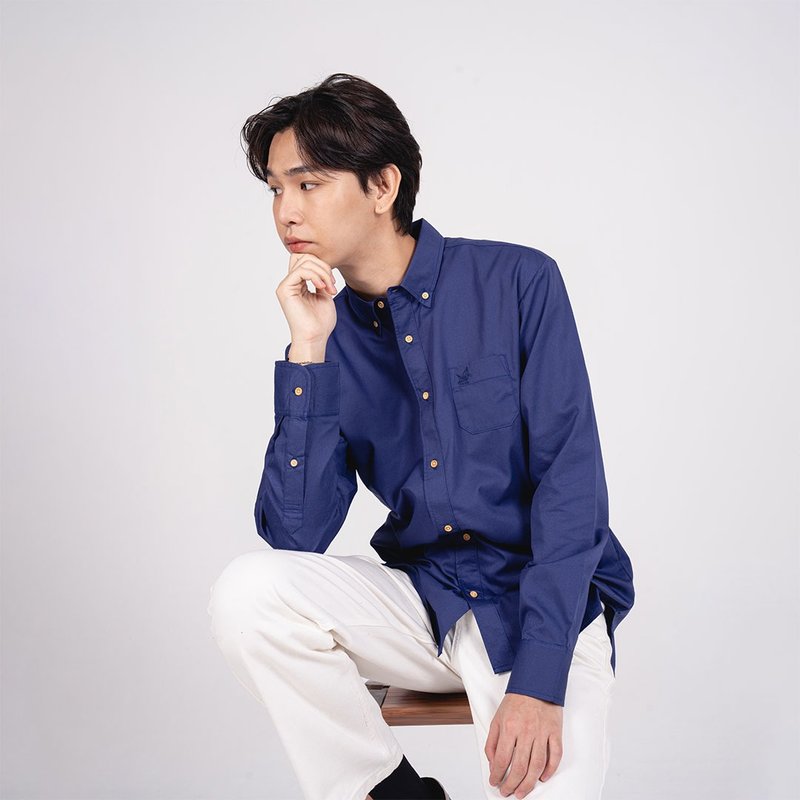 BASIC // navy // men shirt straight fit - 男装衬衫 - 棉．麻 蓝色