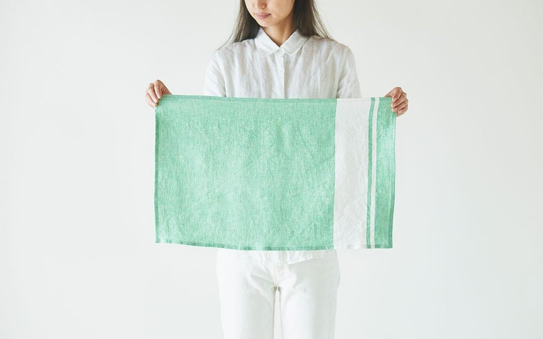 Chambray linen kitchen cloth (green × white) - 杯垫 - 棉 绿色