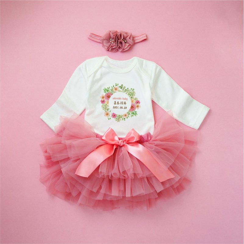宝宝诞生花环 小公主色 定制长袖包屁衣 3件组礼盒 周岁 满月 - 满月礼盒 - 棉．麻 粉红色