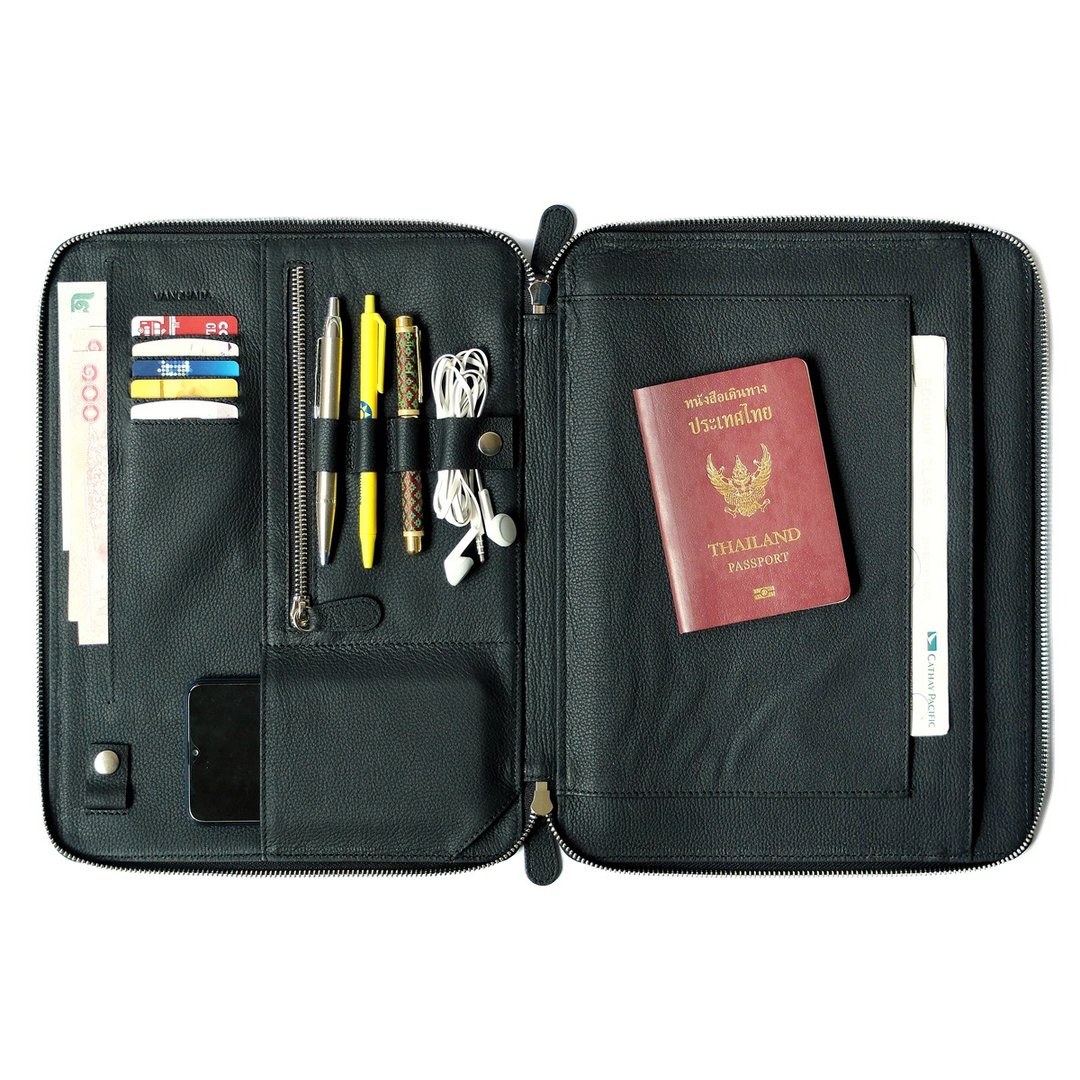 Tech. Folio Black color ESSENTIAL Journey full grain Cowhide leather - 行李箱/行李箱保护套 - 真皮 黑色