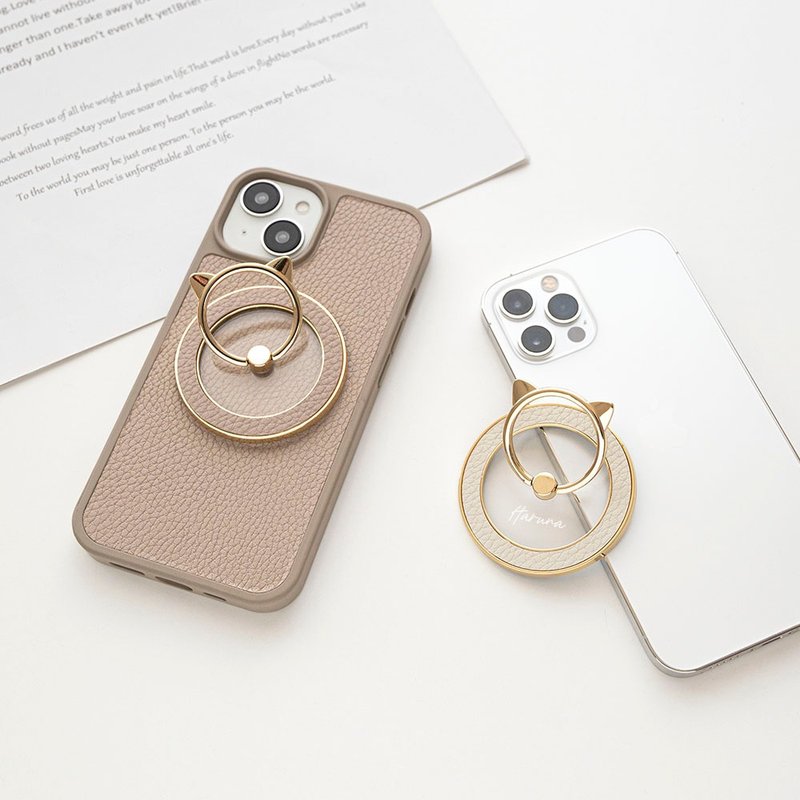 MagSafe 兼容 猫咪 手机指环 【 Simple 刻字 】 MagSafe 手机支架 iPhone 文字刻印 FM16U - 手机壳/手机套 - 真皮 咖啡色
