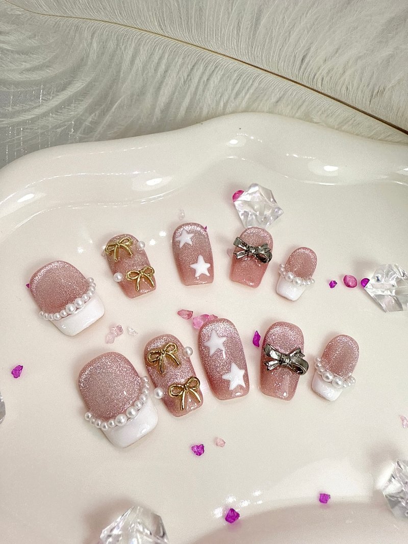 【TING】星绒甜语 - 粉雾猫眼蝴蝶结穿戴甲 S 码 - 其他 - 塑料 粉红色