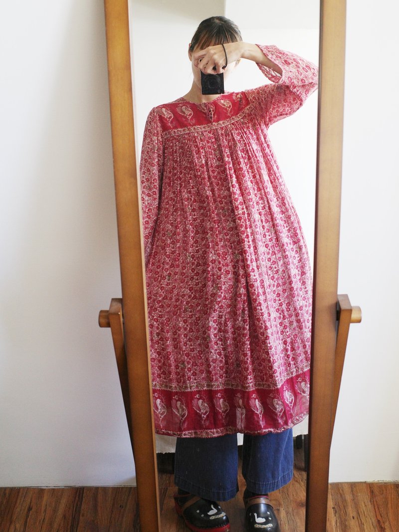 Vintage 70s 老印度手工盖印红花大伞摆洋装 - 洋装/连衣裙 - 棉．麻 