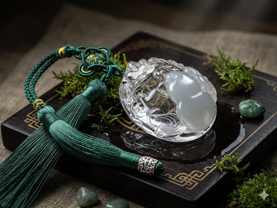 九尾狐手工雕刻挂件 白幽灵异相带晶砂 - 吊饰 - 水晶 
