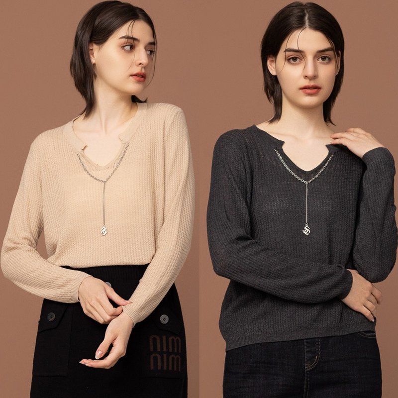 【Icare】小开领项链装饰针织上衣 - 2色(F) | 女休闲上衣 针织衫 - 女装针织衫/毛衣 - 聚酯纤维 灰色