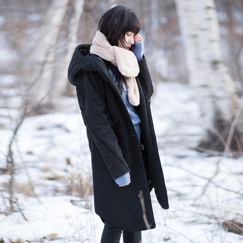 安妮陈2017冬装新款女装纯色连帽抽绳棉服 - 女装休闲/机能外套 - 棉．麻 黑色