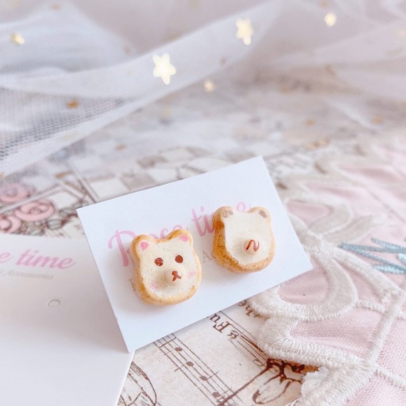 手绘 雾面面包熊耳钉 - 耳环/耳夹 - 粘土 金色