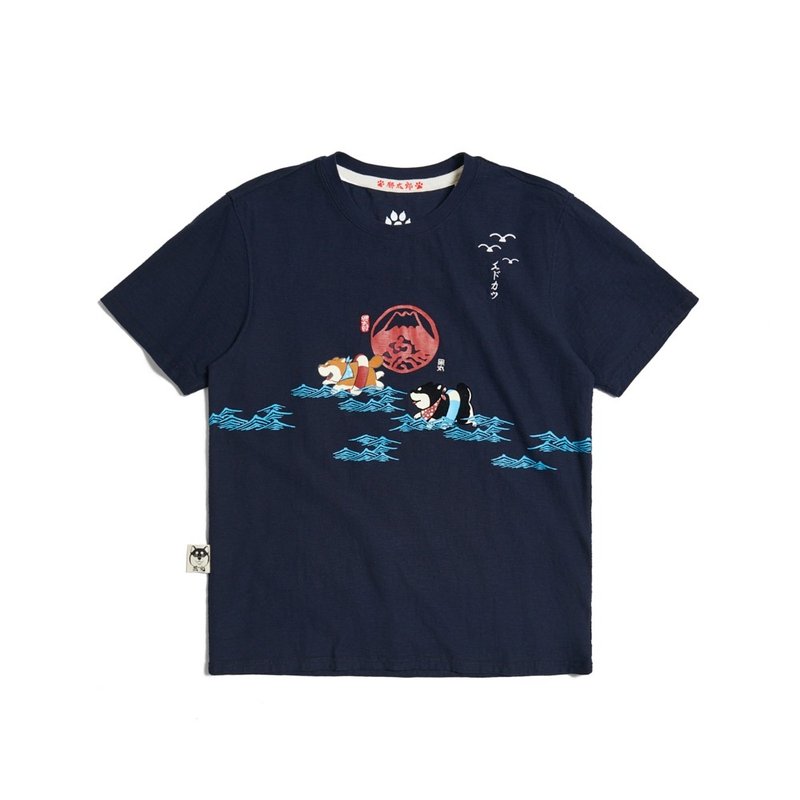 江户胜 日系 男装 胜太郎与黑丸一起游泳短袖T恤(丈青色) #上衣 - 男装上衣/T 恤 - 棉．麻 