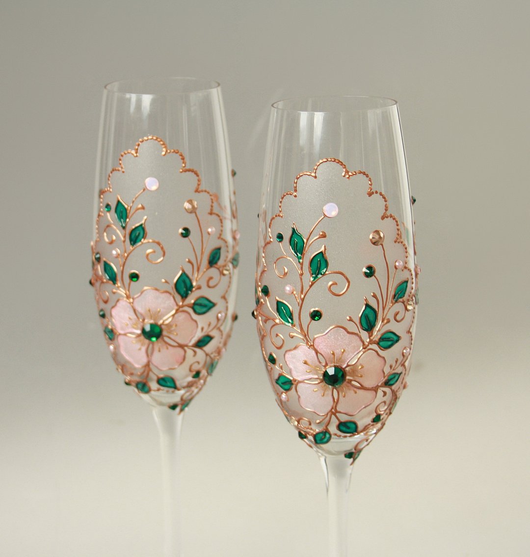 Wedding Glasses Pink Emerald Rose Gold Swarovski, Hand-painted set of 2 - 酒杯/酒器 - 玻璃 粉红色