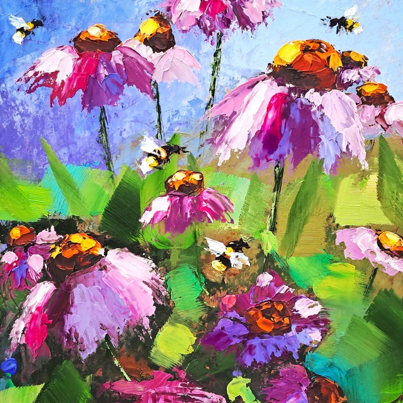 Daisy Painting Coneflower Original Art Bee Oil Painting Impasto Flowers Artwork - 海报/装饰画/版画 - 其他材质 多色