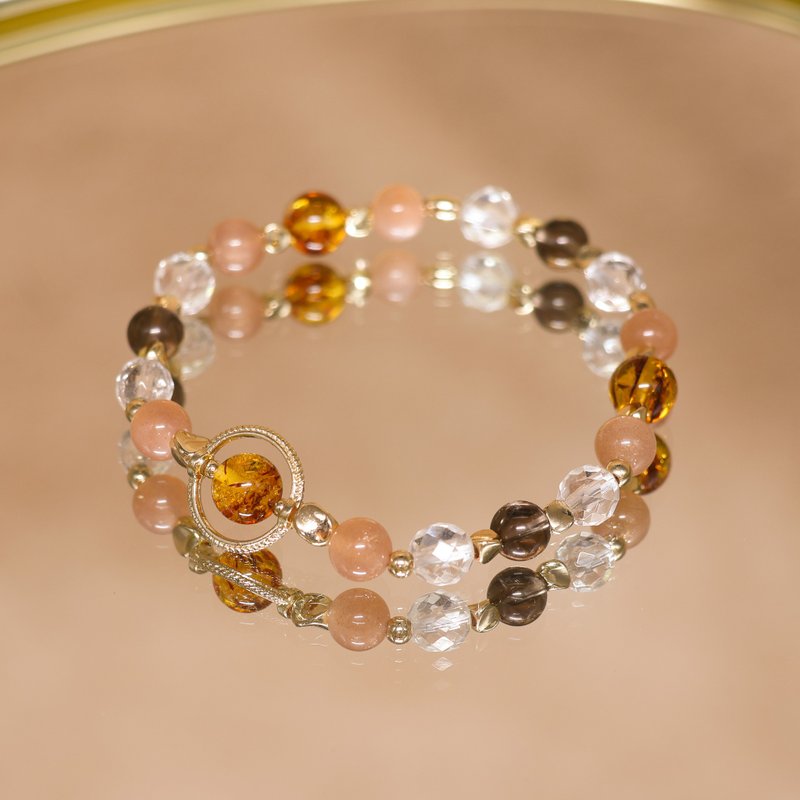 快乐的祝福/好心情/花琥珀-太阳石-烟晶-水晶/天然宝石黄铜手链 - 手链/手环 - 水晶 橘色