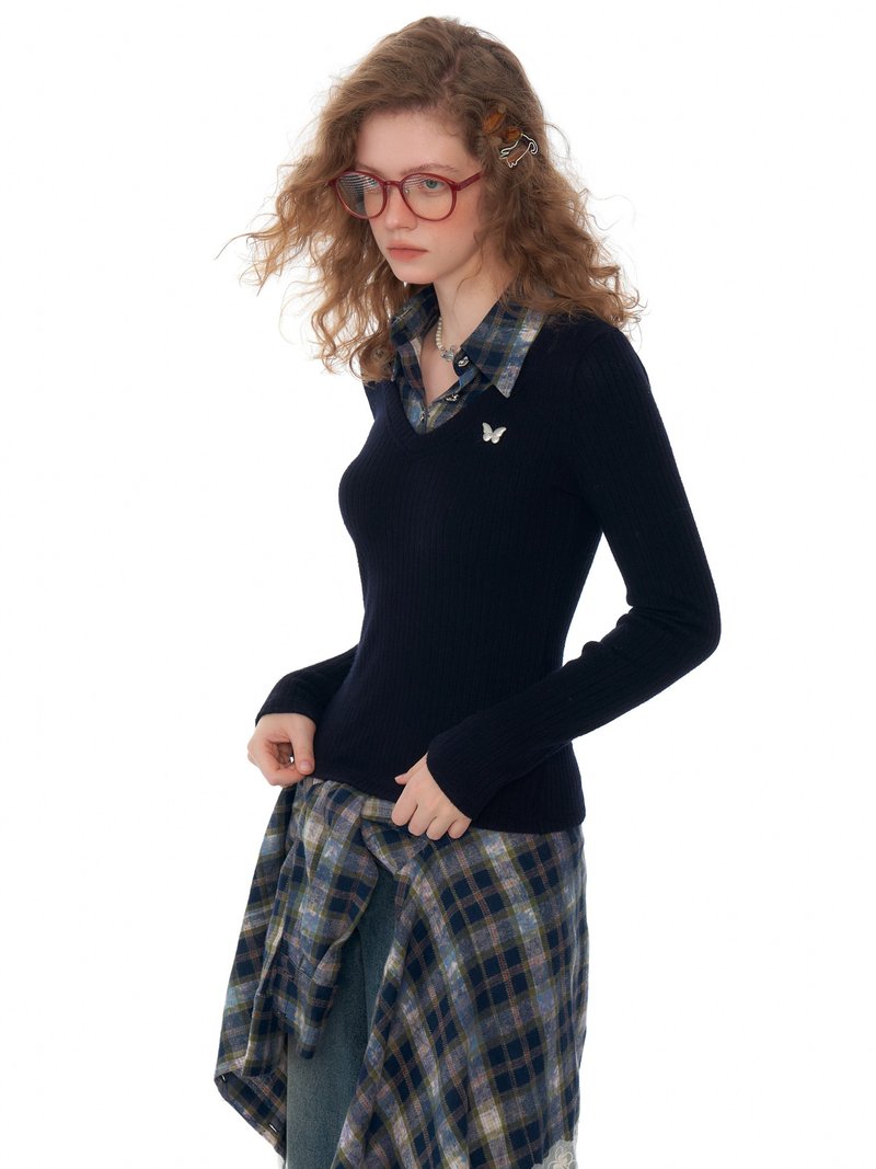 ziziFei秋冬季美式复古设计感假两件上衣修身显瘦polo领针织衫女 - 女装针织衫/毛衣 - 其他材质 