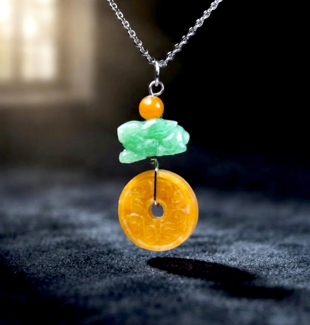 黄翡雕花翡翠平安扣项链 18K 金 | 天然缅甸玉翡翠 A 货 | 送礼 - 项链 - 玉石 橘色