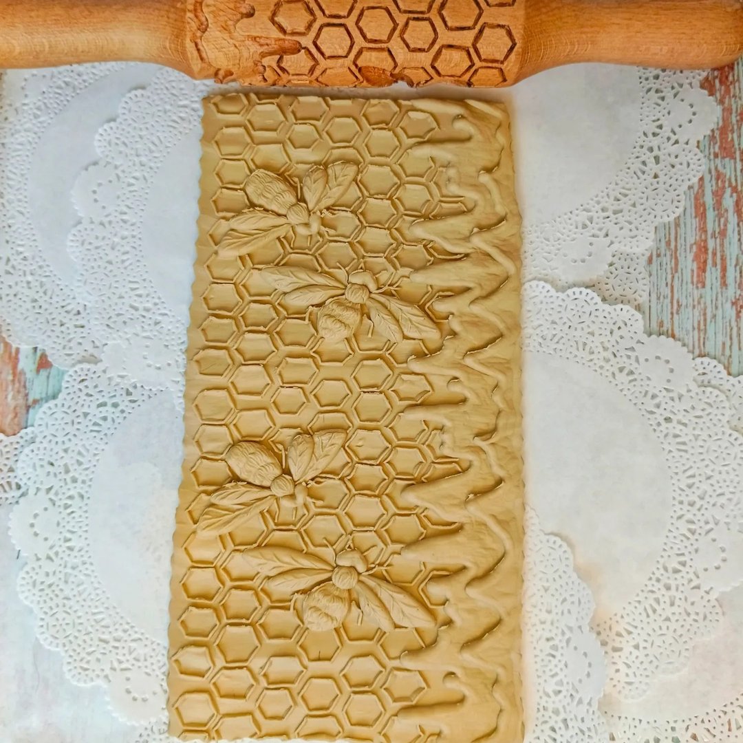 蜜蜂，饼干擀面杖，蜜蜂擀面杖，雕刻擀面杖，压花擀面杖 - 厨房家电 - 木头 咖啡色