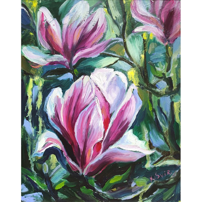 Magnolia Painting Floral Original Art Flowers Oil Painting Small Artwork - 海报/装饰画/版画 - 其他材质 多色