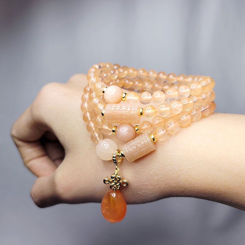 天然 兔毛水晶 月光石 回纹 吉祥 富贵 108手串 念珠 6mm 单品 - 手链/手环 - 宝石 橘色