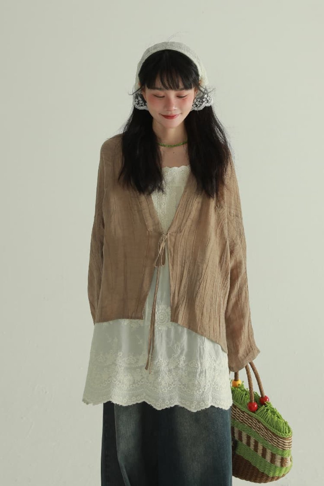 卡其色 復古和服罩衫 文藝系帶開衫 夏季苧麻寬松純色百搭小衫 - 女装上衣 - 棉．麻 卡其色