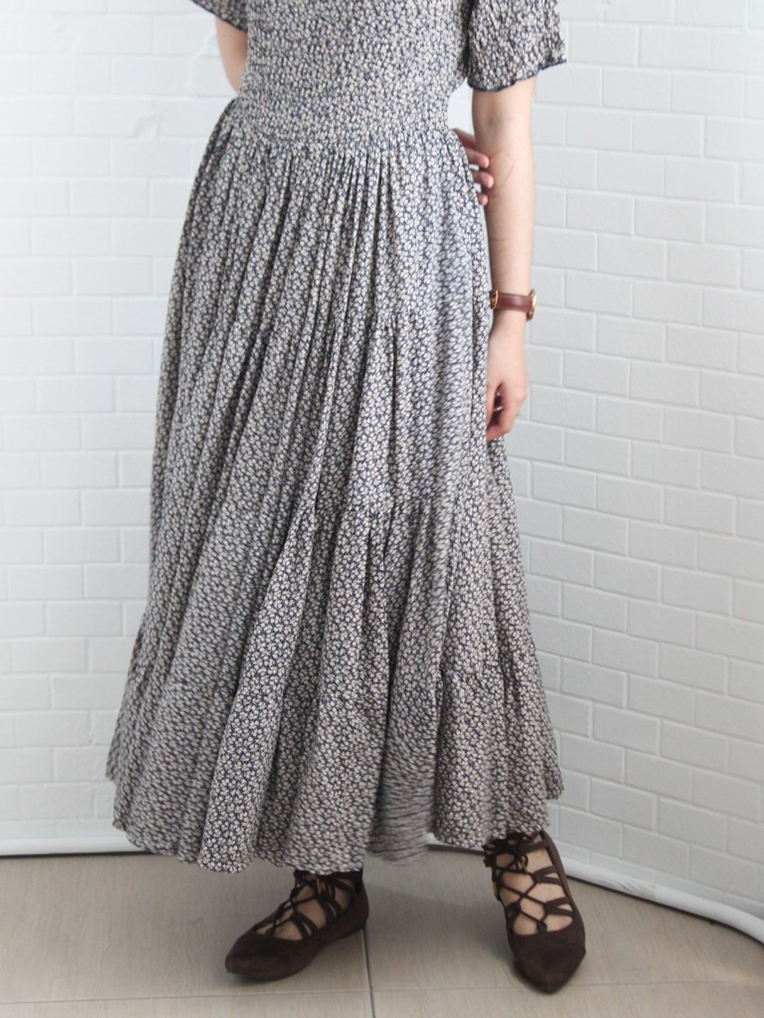 复古夏日棉质深蓝色小碎花短袖近代二手古着洋装 - 洋装/连衣裙 - 聚酯纤维 蓝色