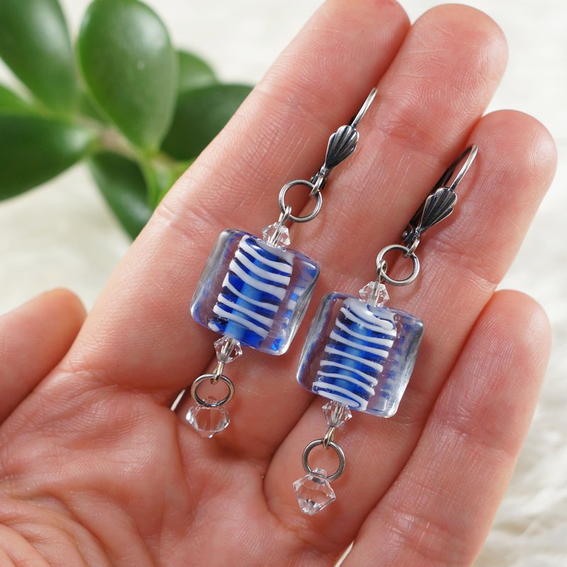 Blue Lampwork Murano Glass Earrings Ultramarine Striped Dangle Earrings Jewelry - 耳环/耳夹 - 玻璃 蓝色