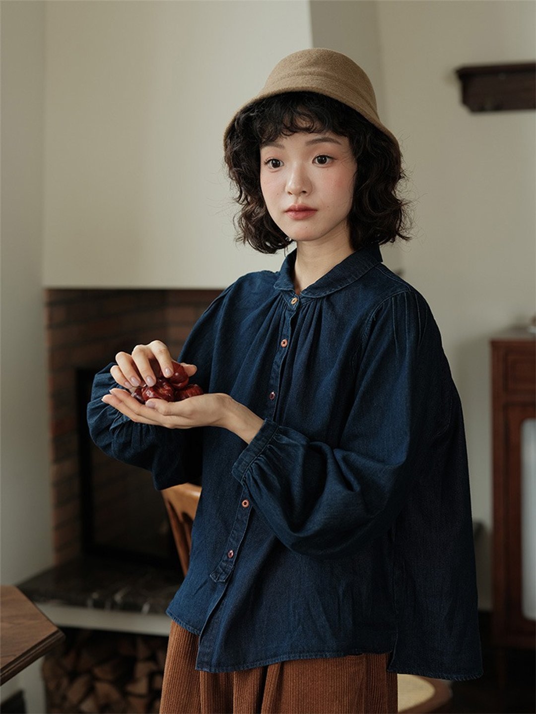 牛仔蓝娃娃领上衣 日杂感穿搭宽松衬衫长袖纯棉上衣 秋 - 女装上衣 - 棉 多色