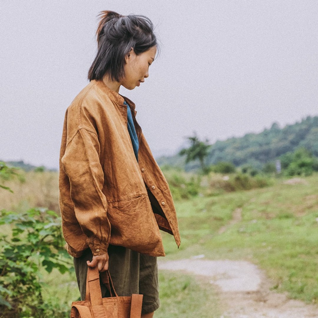 焦糖色 柿染 100%亞麻男友風襯衫外套 中性Oversize 寬鬆大口袋 - 女装休闲/机能外套 - 棉 橘色
