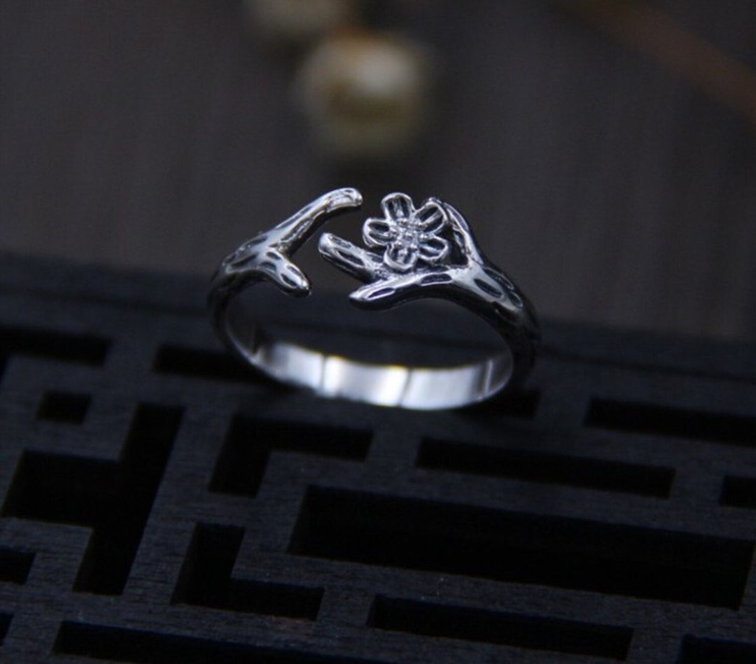 Real S925 Sterling Silver Ethnic Flower Finger Rings for Women Handmade Branch - 戒指 - 纯银 银色