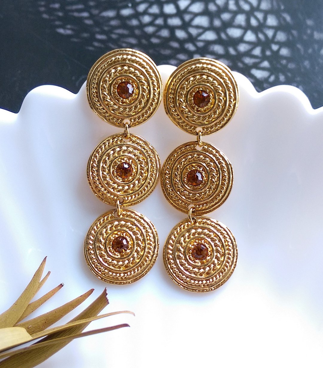 Vintage Jewelry 西洋古董饰品 金色调 垂坠 三圆摇摆 针式耳环 - 耳环/耳夹 - 其他金属 金色