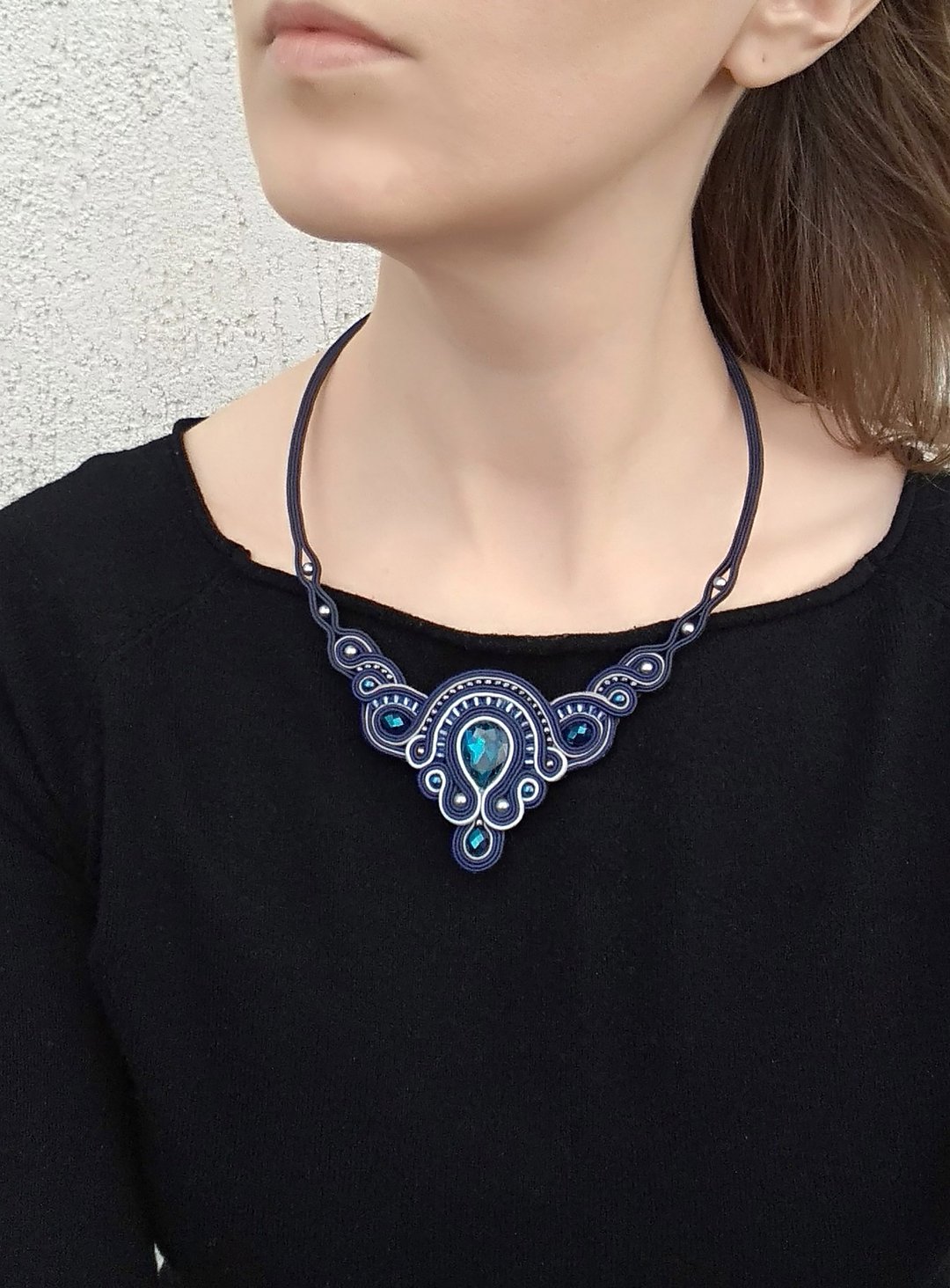 Blue rhinestone necklace, Soutache embroidered bib necklace, Crystal necklace - 项链 - 聚酯纤维 蓝色