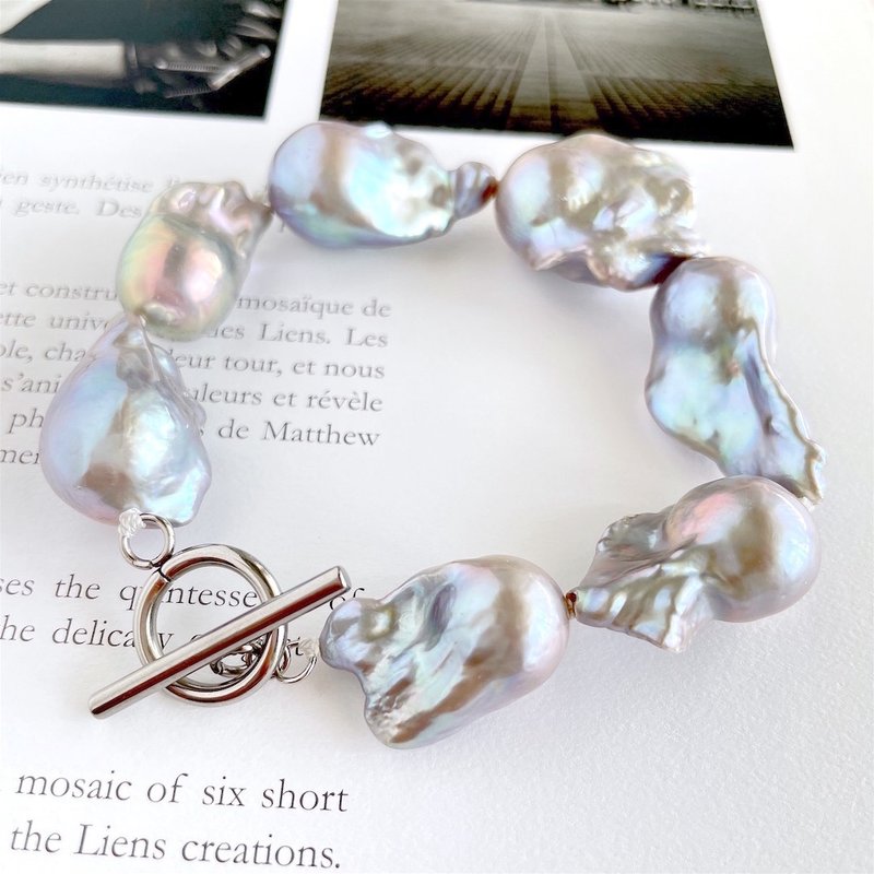 银色 牡蛎巴洛克珍珠手链 中颗粒 仅此一件 - 手链/手环 - 珍珠 透明