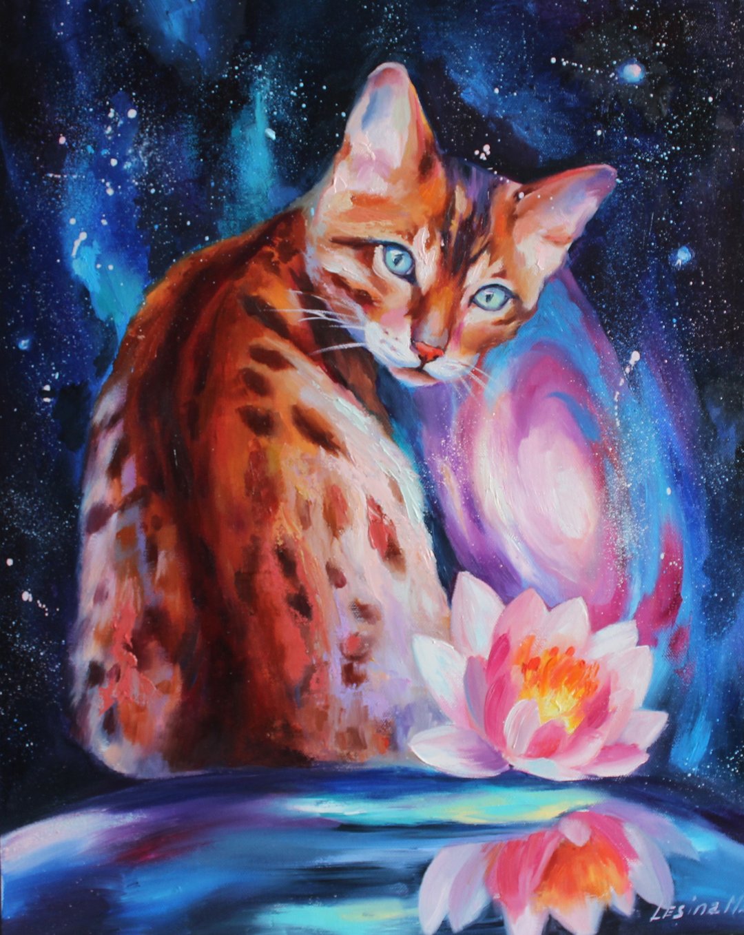 孟加拉猫油画太空壁画星系画布彩色动物 - 墙贴/壁贴 - 其他材质 蓝色